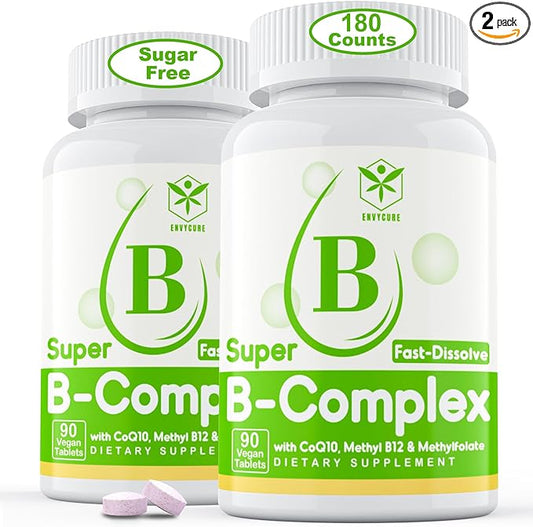 Sugar Free Vitamin B Complex with Methyl B12, MethylFolate, B6, B1, B2, B3, Fast Dissolve Highly Bioavailable Methylated B Complex Supplement for Energy Levels, Neural System, Vegan,180 Tablets