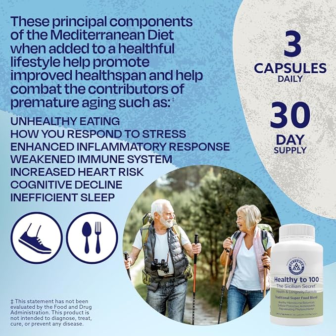 Healthy to 100, Sicilian Secret Mediterranean Diet, Superfood, Supports Healthy Lifestyle, (with Resveratrol, Rosemary, Grape Seed Extract, Bergamot Extract) Boost Immunity, 90 Capsules, 30 Servings