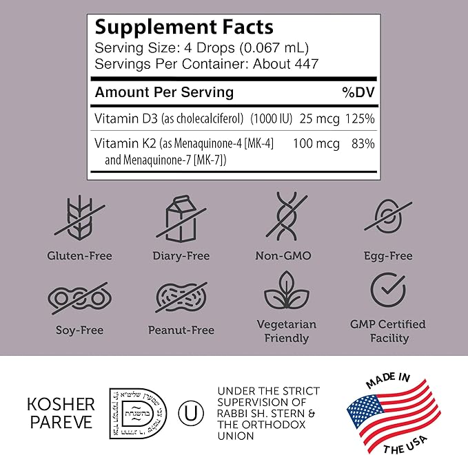 Zahler Vitamin D3 K2 Drops, Liquid D3 with K2, 1000IU of Vitamin D and 1000mcg of K2 per Serving, Supports Bone Density and Calcium Absoprtion, 1Fl Oz.
