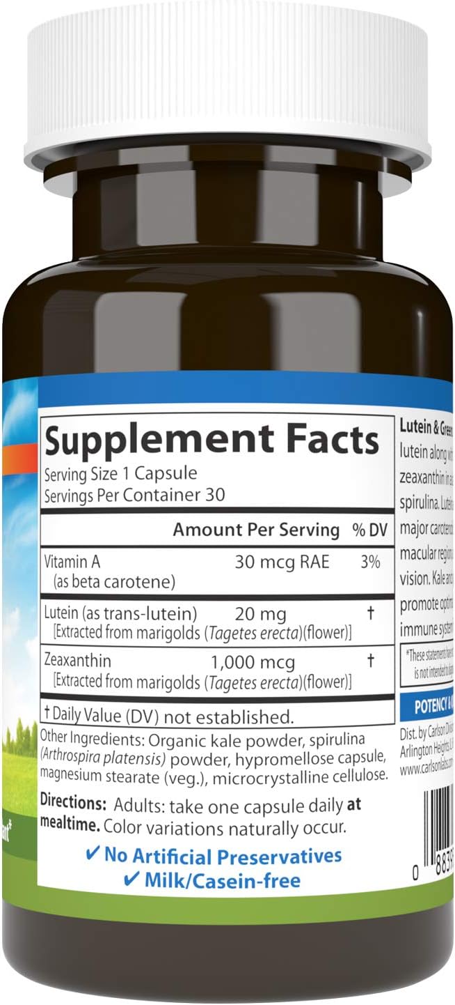 Carlson - Lutein & Greens, 20 mg, Vision Support & Eye Function, Antioxidant, 30 Vegetarian Capsules