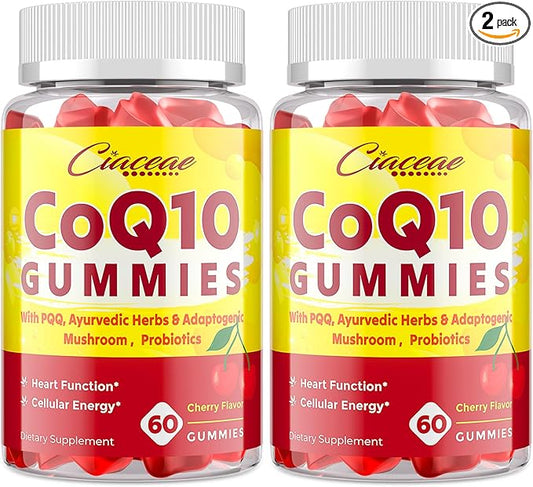 CoQ10 Gummies with PQQ - 400 MG Coenzyme Q10 High Potency, Enhanced with Ayurvedic Herbs, Adaptogenic Mushroom Blend & Probiotics for Heart, Brain, Energy, Immunity, Cherry Flavor, 120 Vegan Gummies