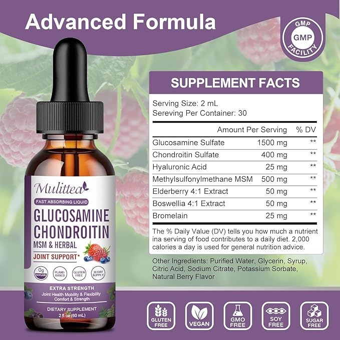 Glucosamine Chondroitin MSM Liquid Drops-w/Elderberry, Boswelia &Hyaluronic Acid-Extra Strength Joint Support Supplement for Mobility, Flexibility & Bones,High Absorption,60ml (2 fl oz)