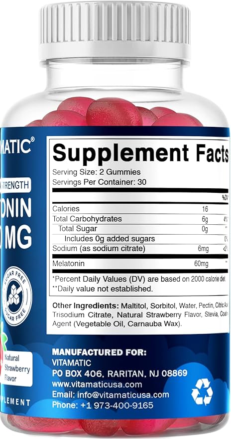Vitamatic Sugar Free Melatonin 60 mg - 60 Vegetarian Gummies - Non-Habit Forming Supplement
