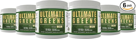 Ultimate Greens with MSM Powder, Vegan Friendly Natural Ingredients Gluten Soy Free NO GMO Superfood Vegetable Nutritional Drink Alkalizing Energy 8oz 6 Pack (6 Month Supply)