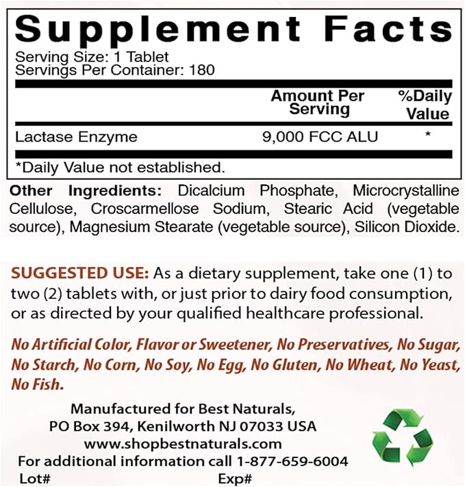 Best Naturals Lactose Intolerance Relief Tablets with Natural Lactase Enzyme, Fast Acting High Potency Lactase, 9000 FCC ALU, 180 Count
