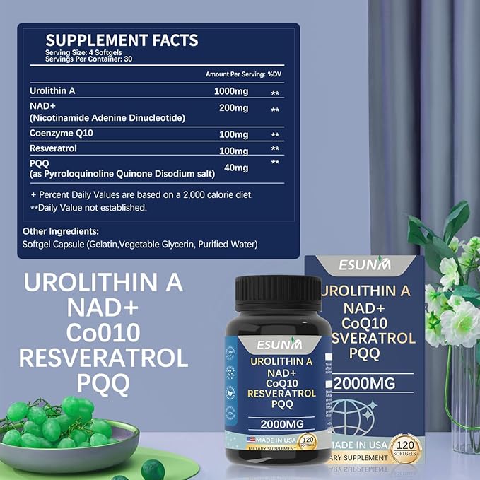 Urolithin A Supplement 1,000mg with NAD+,CoQ10,Resveratrol,PQQ Supplement for Healthy Aging, Antioxidants and Mitochondrial Support,120 Capsules - 30 Servings