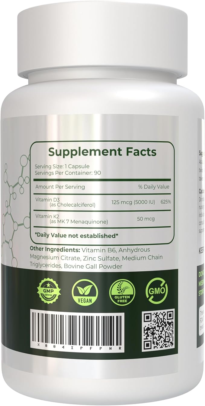 Vitamin D3 K2 5000 IU Capsules - Non-GMO Vitamin D3 and K2 Dietary Supplement with Superior Absorption - Supports Natural Energy, Immune, Bone & Muscle Health, 120 Capsules-90 Day Supply