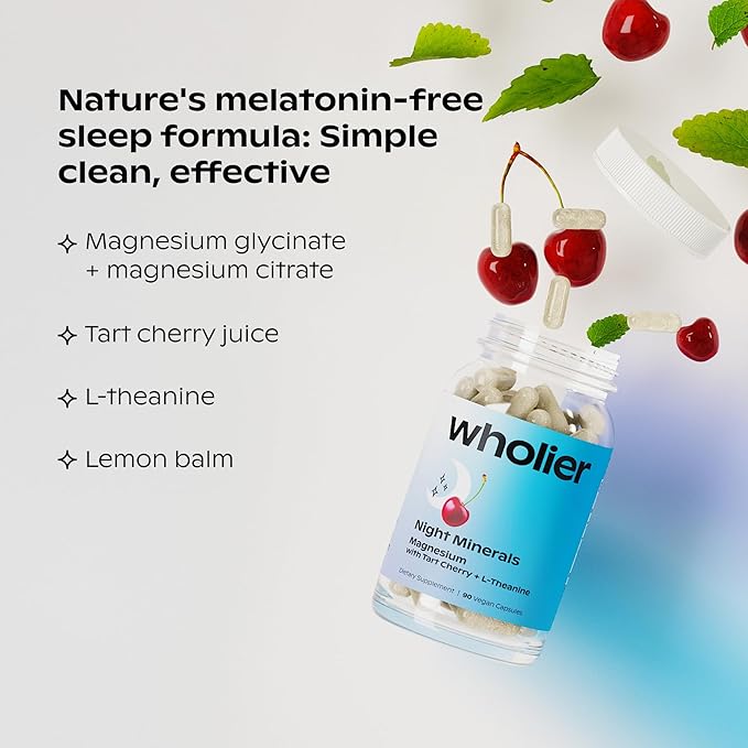 wholier Magnesium Glycinate, L-Theanine, Tart Cherry Juice. Natural Support for Sleep, Stress + Relaxation. Melatonin-Free. Night Minerals. (90 Vegan Capsules) Glass Bottle