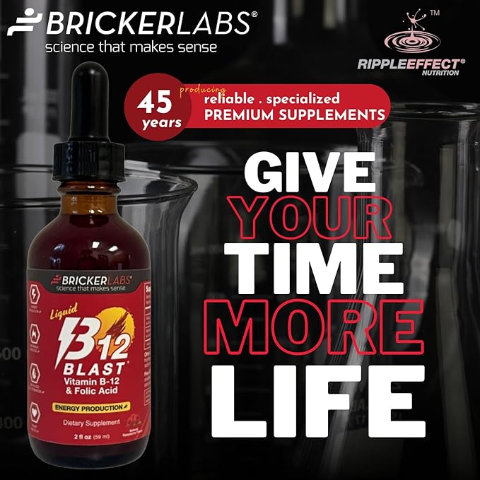 B-12 Blast Liquid Vitamin B12 and Folic Acid Supplement, Support Energy Production, Great Tasting Liquid Vitamin B12 Dietary Supplement in Natural Raspberry Flavor, 2 fl oz Bottle