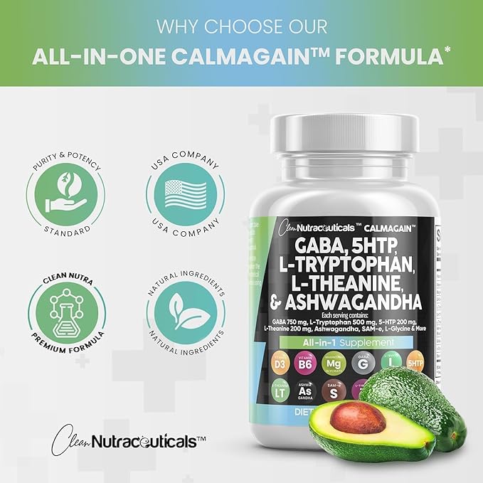 Clean Nutraceuticals GABA 750mg 5 HTP 200mg L Tryptophan 500mg L Theanine 200mg Ashwagandha SAM-e L-Glycine - Mood Support Vitamins for Women and Men with L-Tyrosine (90 Count (Pack of 2))