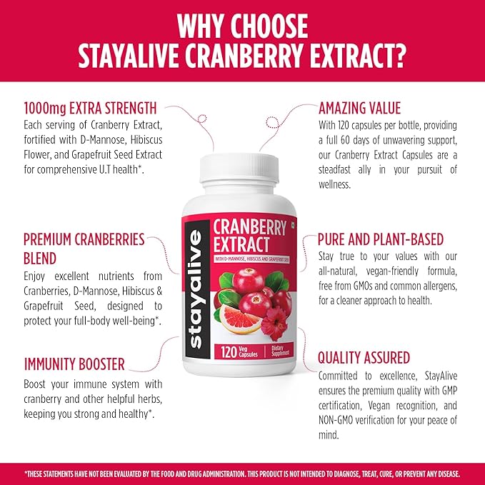 STAY ALIVE Cranberry Pills for Women and Men 1000mg with D-mannose, Hibiscus and Grapefruit Seed Extract, 120 Count, D-mannose Cranberry Supplement, Vegan, Non-GMO & Gluten-Free Powder Capsules