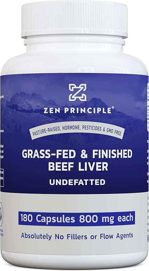 Zen Principle Ultra-Pure Desiccated Beef Liver, Grass-Fed, Pasture-Raised Cows. No Hormones or GMO. Natural Energy and Workout Boost from Iron, Amino Acids, Protein and Vitamins. 180 Capsules 800 Mg.