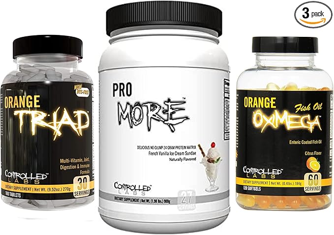 CONTROLLED LABS Bundle - Orange Triad (30 Serv), Orange Oximega Fish Oil (120 softgels), PROmore Protein (27 Serv) French Vanilla Ice Cream Sundae