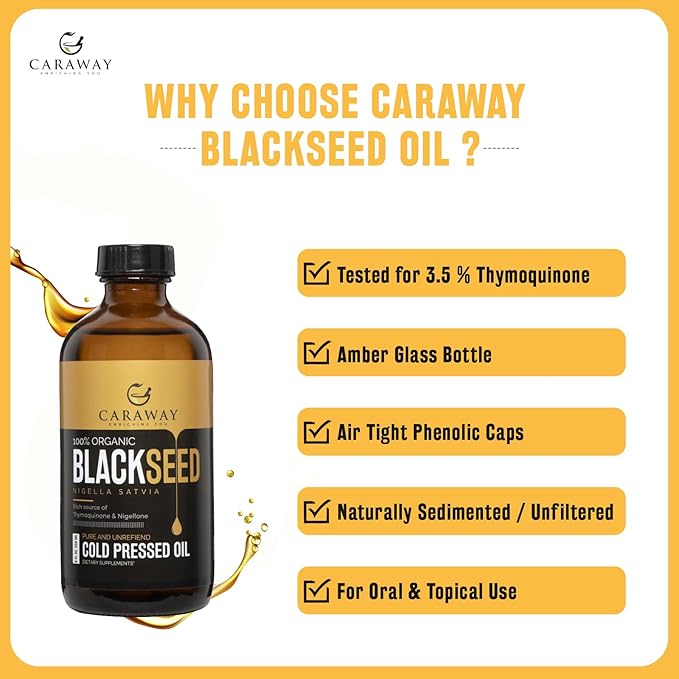 CARAWAY Black Cumin Seed Oil – Cold Pressed Black Seed Oil rich in Thymoquinone – Immunity Booster – Hair Care – Glass Bottle – 8 oz / 236 ml