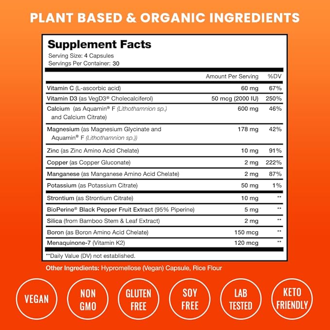 NutraChamps Bone Strength Supplements, Plant Based Calcium Supplement 600mg, Vitamin D3 2000 IU, K2, Magnesium, Potassium, Zinc, Boron & Strontium, 120 Vegan Capsules