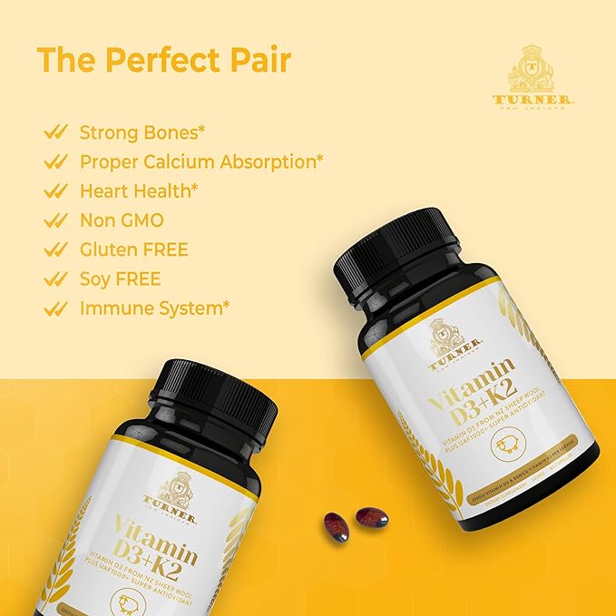 TURNER Vitamin D3 (2000IU) Plus K2 (80mcg), 2 in 1 Formula, Vitamin D3 Liquid with Vitamin K2, 60 Soft-Gels, Support Heart, Teeth & Joint Health, Easy to Swallow