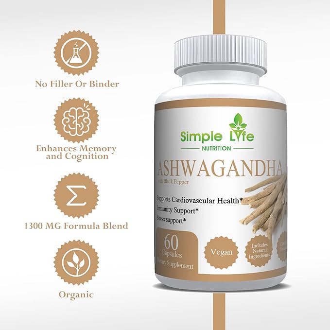 Organic Ashwagandha - Max Strength 1300MG Vegan Capsules - 100% Pure Non GMO Root Powder with Natural Black Pepper 60CT