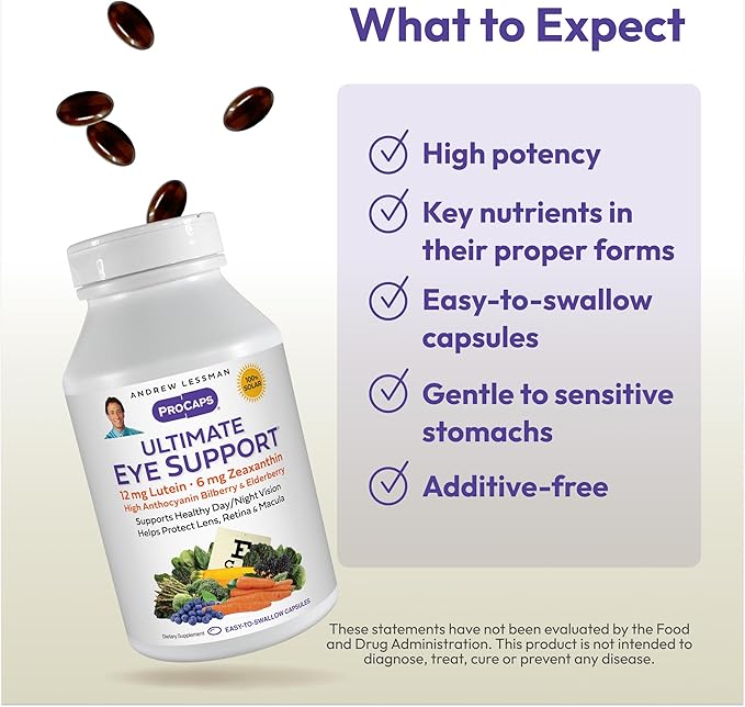 ANDREW LESSMAN Ultimate Eye Support 180 Softgels - 12mg Lutein, 6mg Zeaxanthin, Bilberry, Key Nutrients to Support Eye Health and Promote Healthy Vision. No Additives. Easy to Swallow Softgels