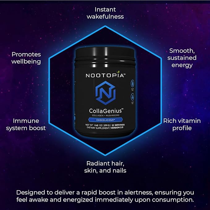 Collagenius v2.0 - Nootropic Blended Powder of 4 Mushrooms: Lions Mane, Reishi, Chaga, Cordyceps with Collagen & Superfoods - Brain Supplement (15 Servings)