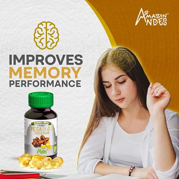 Amazon Andes Sacha Inchi Capsules (Plukenetia volubilis) - Source of Omega 3, 6, 9 with Essential Fatty Acids - Odorless & Sustainably sourced - Brain Function Supporter - 60 Softgel Pills (1000mg)