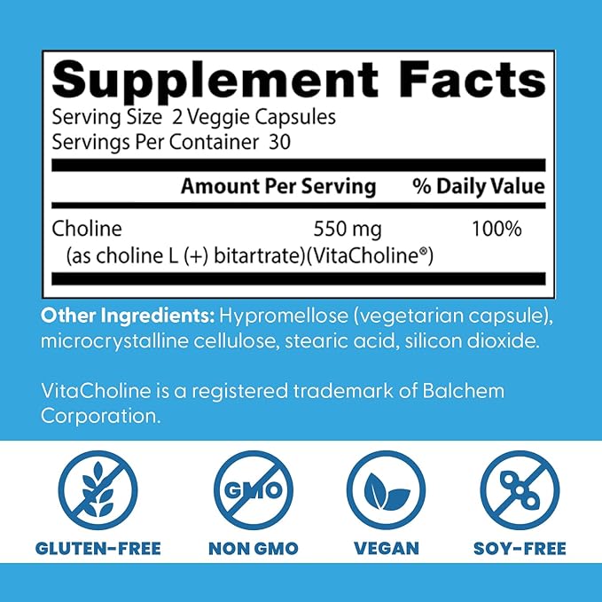 Doctor's Best Choline L-Bitartrate (VitaCholine), Supports Prenatal Health & Liver Function, Non-GMO, Gluten Free, Soy Free, Vegan 60 Veggie Caps