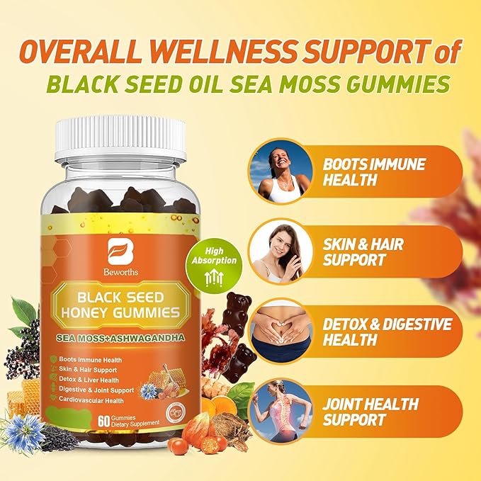 (2 Pack) Black Seed Oil Sea Moss Gummies with Ashwagandha, Burdock Root, Linden Honey, Elderberry, Turmeric, Vitamin C, D3 & Zinc - Supports Immunity, Joints, Digestion, Hair & Skin, Vegan Gummies 120