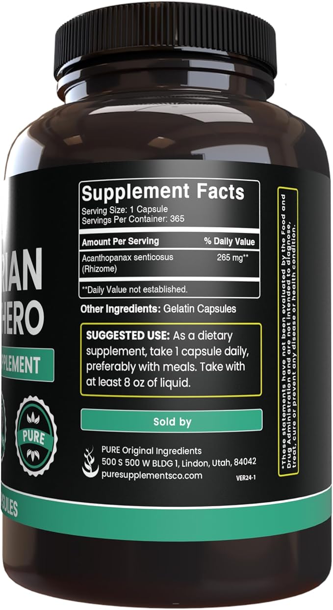 PURE ORIGINAL INGREDIENTS Siberian Eleuthero, Always Pure, No Additives Or Fillers, Lab Verified (365 Count (Pack of 1))