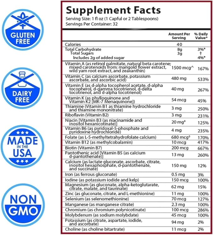 DRUCKER Labs 2.0 Organic Liquid Trace Minerals, Liquid Multivitamin for Kids, Immune Support, Non GMO, Dairy Free, Gluten Free, Magnesium, Vitamin D, C, E, Zinc, (32 oz., Fruity Raspberry)