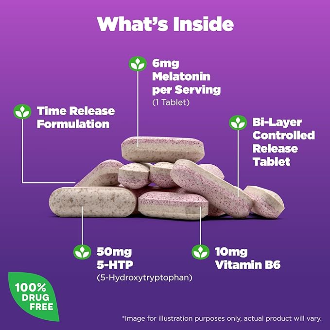 Natrol Advanced Sleep Melatonin + 5HTP, 6mg, Calming Sleep Aid for Restful Sleep, 60 Time-Release Tablets, 60-Day Supply