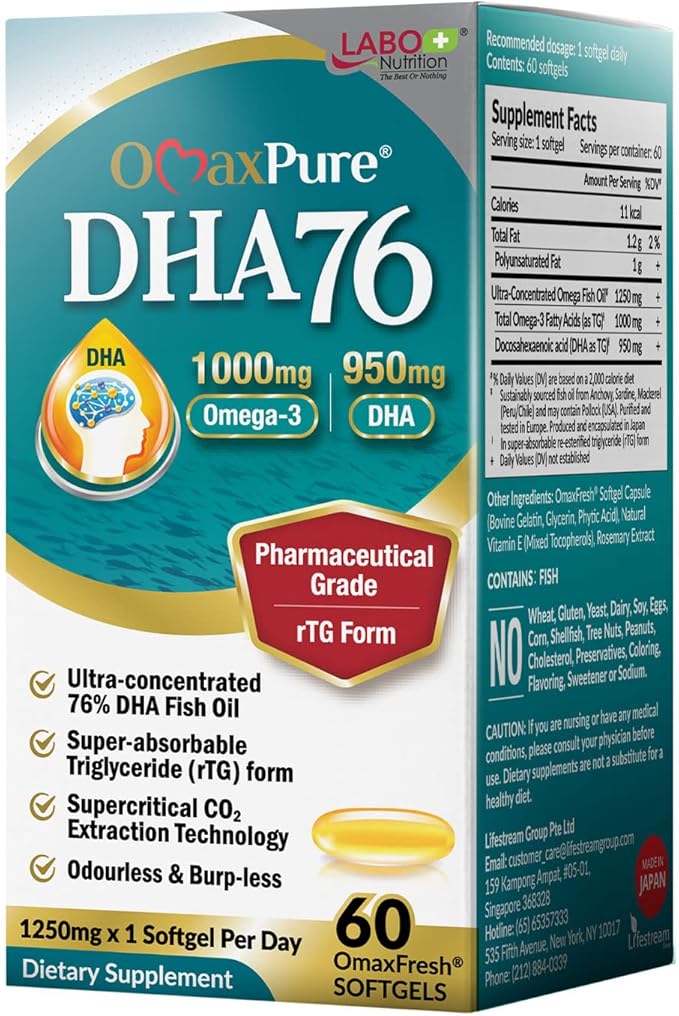 LABO Nutrition OmaxPure DHA76 Omega 3 Fish Oil, Ultra-Concentrated 76% 950mg DHA, EPA, 60 Count, Pharmaceutical Grade, Supercritical CO2 Extracted rTG Form, for Heart, Joint, Brain & Immune Health