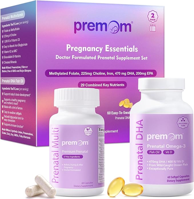 Premom Prenatal Vitamins for Women & Prenatal DHA Fish Oil - Conception for Her Multivitamin: 27 Nutrients + Triglyceride Omega 3 with 470mg DHA - Fertility Support for Women