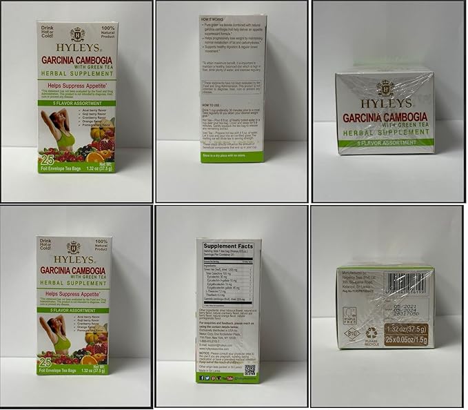 HYLEYS Tea Garcinia Cambogia Green Tea 5 Flavors Assortment - 25 Tea Bags (12 Pack - 300 Tea Bags Total)