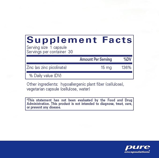 Pure Encapsulations Zinc 15 mg - Zinc Picolinate Supplement for Immune System Support, Growth & Development - for Wound Healing - 30 Capsules