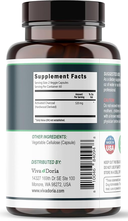Viva Doria Activated Charcoal 520 mg, 120 Vegetable Capsules Highly Absorbent Helps Alleviate Gas & Bloating Supports Natural detoxification