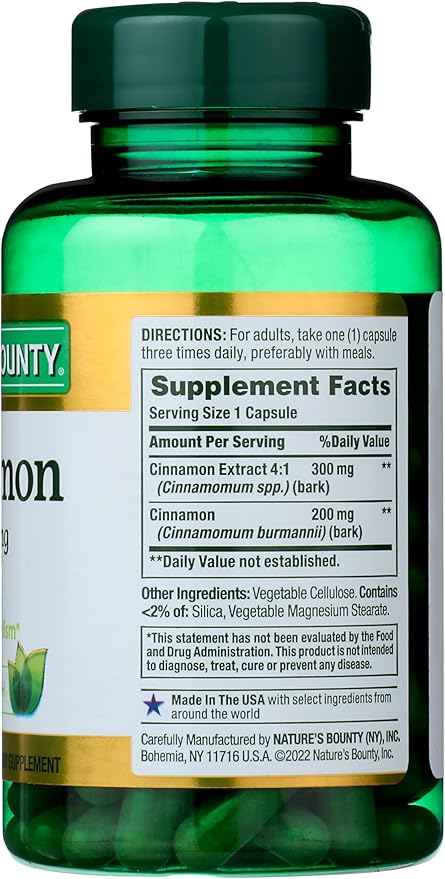Nature's Bounty Cinnamon Capsules, Herbal Supplement, Supports Sugar Metabolism, 1500mg, 100 Capsules