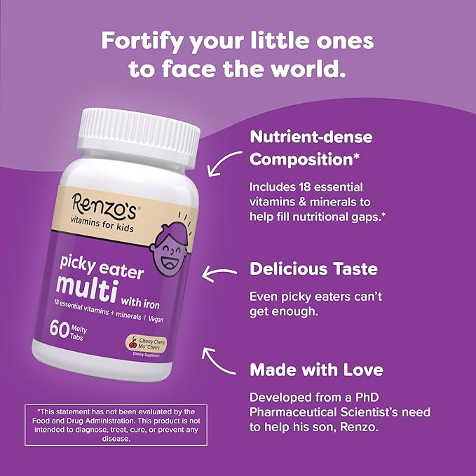 Renzo's Picky Eater Kids Multivitamin with Iron, Dissolving Kids Vitamins with Vitamin D3 & K2 and More, 60 Sugar-Free Melty Tabs, Cherry Cherry Mo’ Cherry Flavored