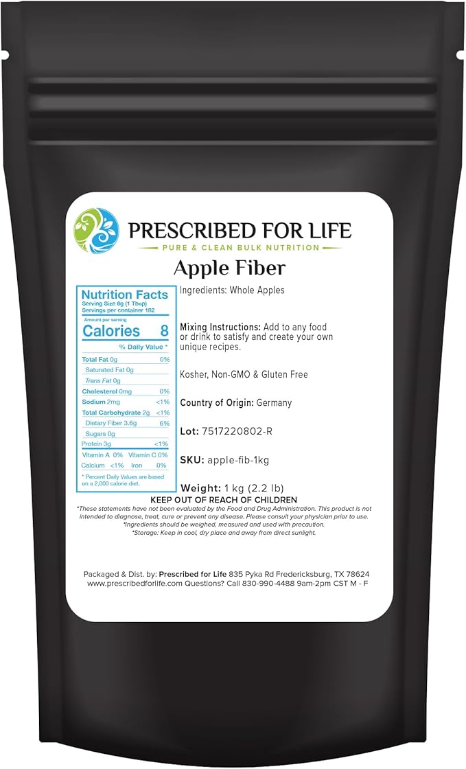 Prescribed For Life Apple Fiber Powder, Natural Apple Pectin Fiber Supplement for Digestive Health, Vegan, Non GMO, Gluten Free (1kg / 2.2lb)