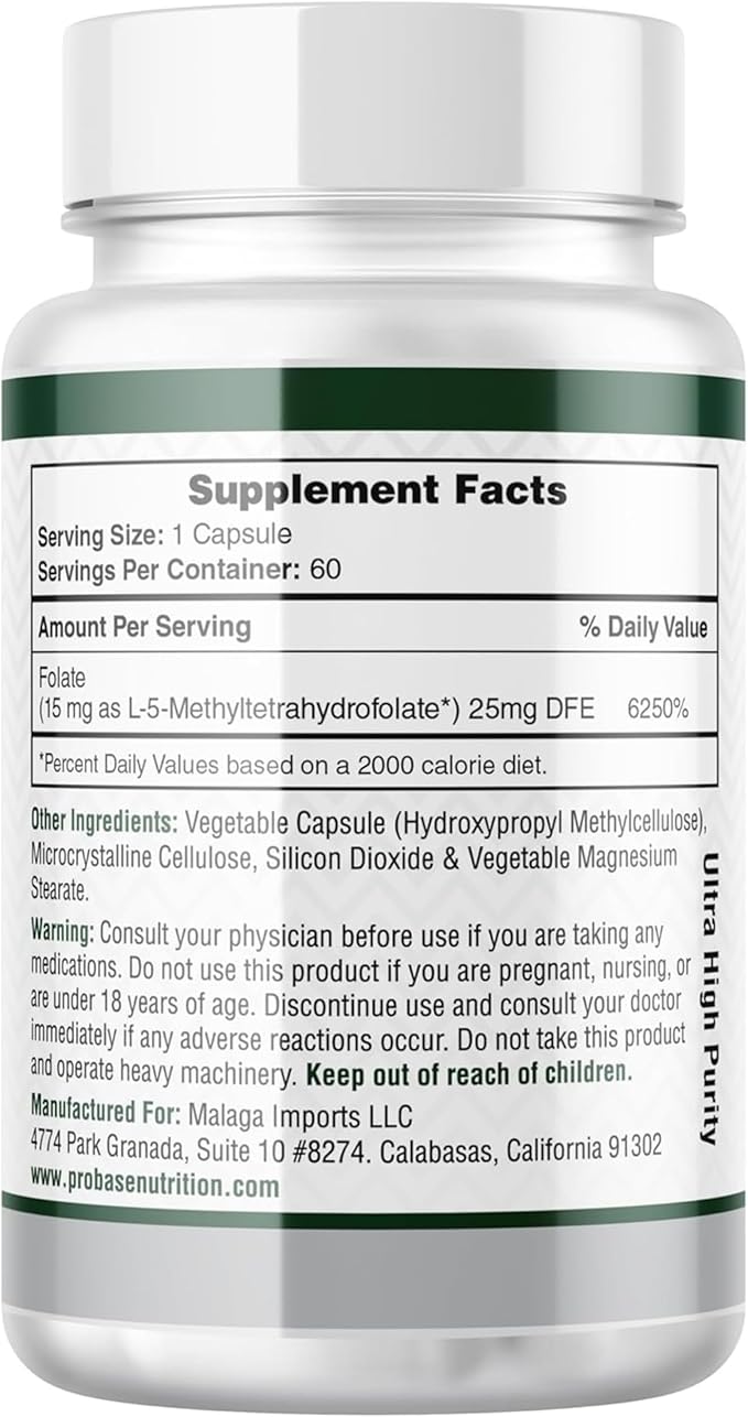 Professional Strength L-Methyl Folate 15mg - Active 5-MTHF Form - Supports Mood, Methylation, Cognition - Bioavailable Vitamin B9 (60 Capsules) - Vegan, Non-GMO, Gluten-Free