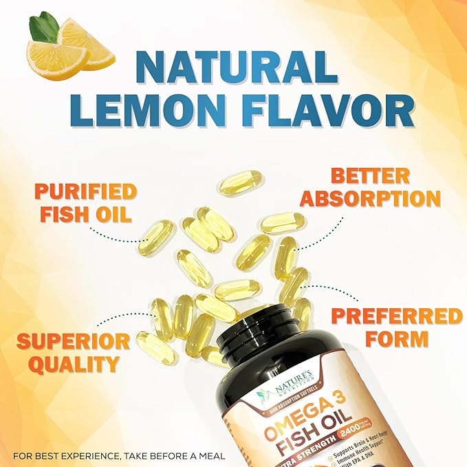 Triple Strength Omega 3 Fish Oil - 2400 mg Natural Omega-3 Supplements Support Brain, Heart & Joint Health with EPA & DHA Essential Fatty Acids - Lemon Flavor, Burpless, Wild Caught - 120 Softgels