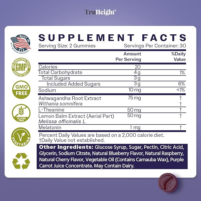 TruHeight Sleep Gummies - Kids & Teen Natural Sleep Aid for Maximum Growth - Pediatric Recommended - Kids Melatonin Gummy - Melatonin, Ashwagandha, L Theanine, Lemon Balm, Ages 4+, Mixed Berry Flavor