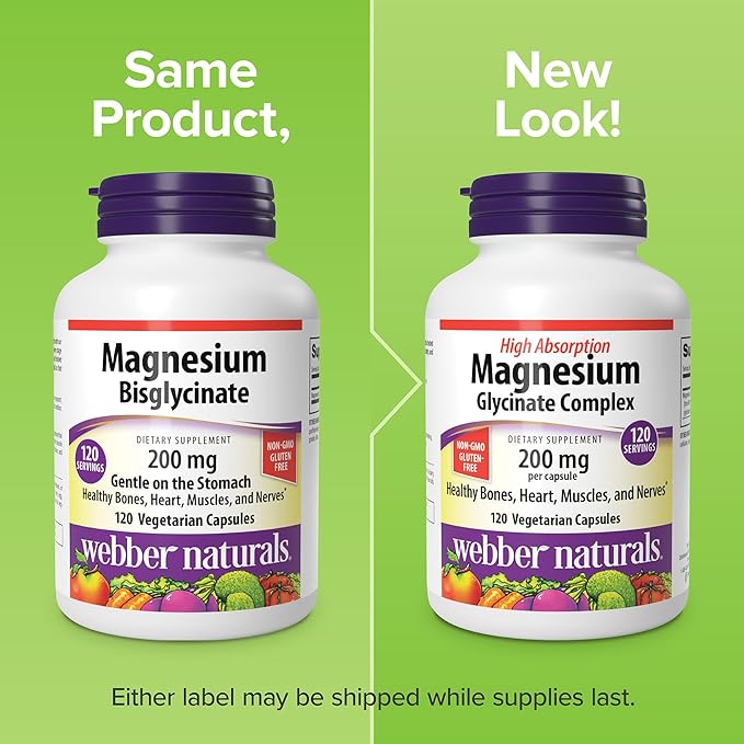 Webber Naturals Magnesium Glycinate Complex 200 mg, 180 Vegetarian Capsules, High Absorption Formula, Supports Bones, Heart, Muscles & Nerves, One-per-Day, Vegan