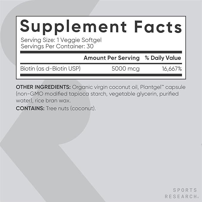 Sports Research Triple Strength Omega 3 Burpless Fish Oil 1250mg from Wild Alaska Pollock, Vitamin D3 5000 IU with Coconut MCT Oil (125mcg) and Vegan Biotin 5000mcg Vitamin B7-30 Softgels Each