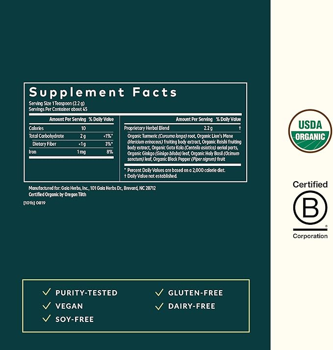 Gaia Herbs Lion's Mane & Turmeric Powder - Herbal Mushroom Supplement Powder to Help Maintain Brain Health and Recall - USDA Certified Organic-3.53 Oz (Up to 45-Day Supply)