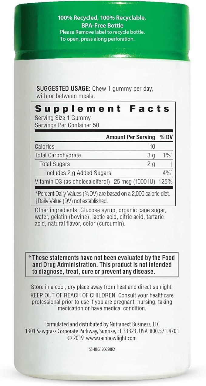 Rainbow Light - Sunny Gummies Vitamin D3 1000 IU, Support for Healthy Bones, Muscles, and Immunity in a Family-Friendly Chewable with Vitamin D3, Soy-Free, Gluten-Free, Sour Lemon, 50 Gummy Drops