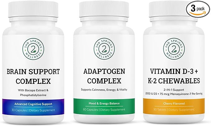 Vitality & Mind Wellness Trio Bundle - Brain Support Complex, Adaptogen Complex, and Vitamin D3+K2