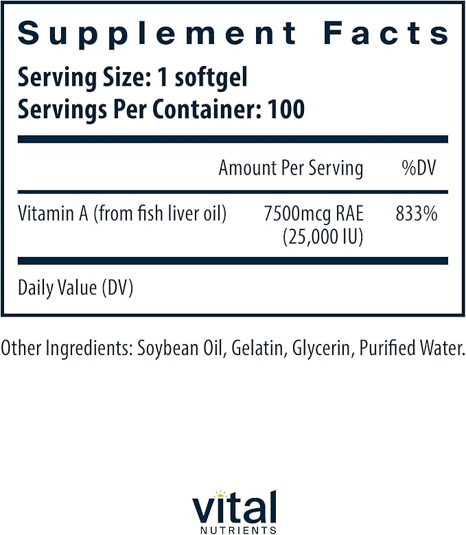 Vital Nutrients Vitamin A 7500mcg RAE | Vitamin A Supplement for Immune Function, Vision, Skin, and Cellular Health | Gluten, Dairy, Soy Free | Non-GMO | 100 Capsules