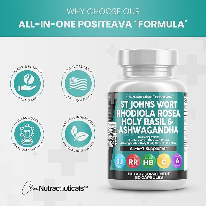 Clean Nutraceuticals St Johns Wort Rhodiola Rosea Holy Basil Ashwagandha - Mood Support for Women and Men with Vitamin C & Black Pepper Extract - 90 Caps