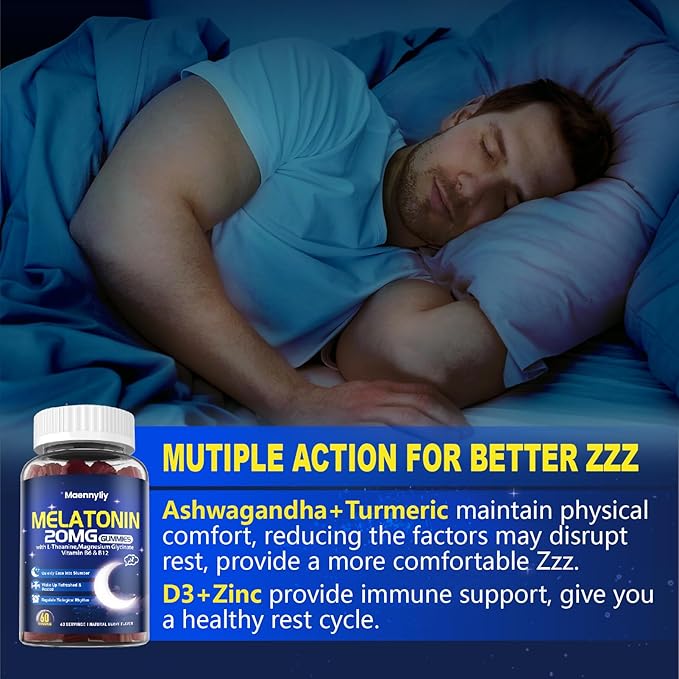 Melatonin 20mg Gummies for Adults - Sugar Free Melatonin Gummies Extra Strength with L-Theanine, Magnesium, Ashwagandha, Turmeric, D3 & Zinc - Non-Habit Forming