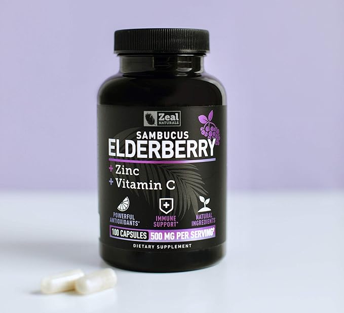 Zeal Naturals Max Strength Elderberry Capsules + Zinc + Vitamin C | 500mg for Immune System Support with Black Sambucus Elderberry | 100 Count | 3-in-1 Immune Support for Adults