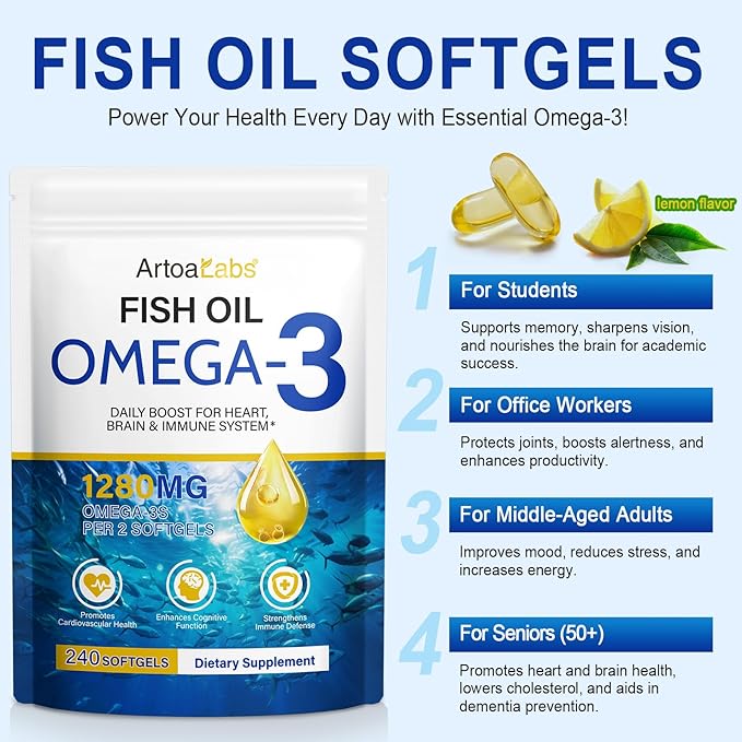 Fish Oil Softgels,Fish Oil Omega 3 Supplements Fatty Acids Including EPA and DHA for Women Men,240 Softgels